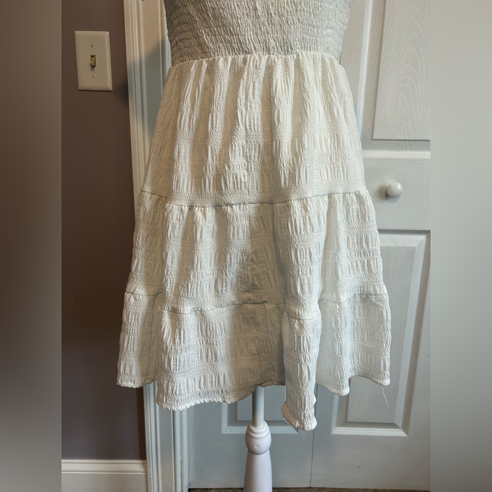 White Mini Sundress with Tiered Skirt and Off-the-Shoulder Neckline - Picture 9 of 12